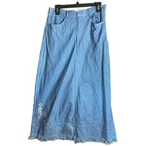 VINTAGE Y2K Two Twenty Chambray Embroidered Fringe Boho Western Skirt